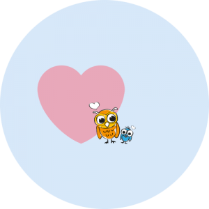 rosa Herz mit den Babysitterei Eulen auf blauem Hintergrund