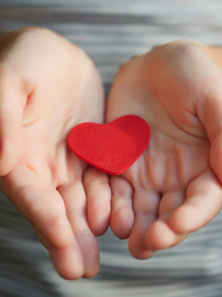 Ein Kind hält behutsam ein rotes Herz aus Filz in den Händen und heisst Sie herzlich willkommen bei der Babysitterei
